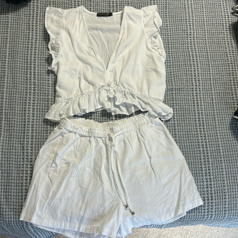 Fancyinn White Ruffle Sleeve Crop Top and Drawstring Shorts Set